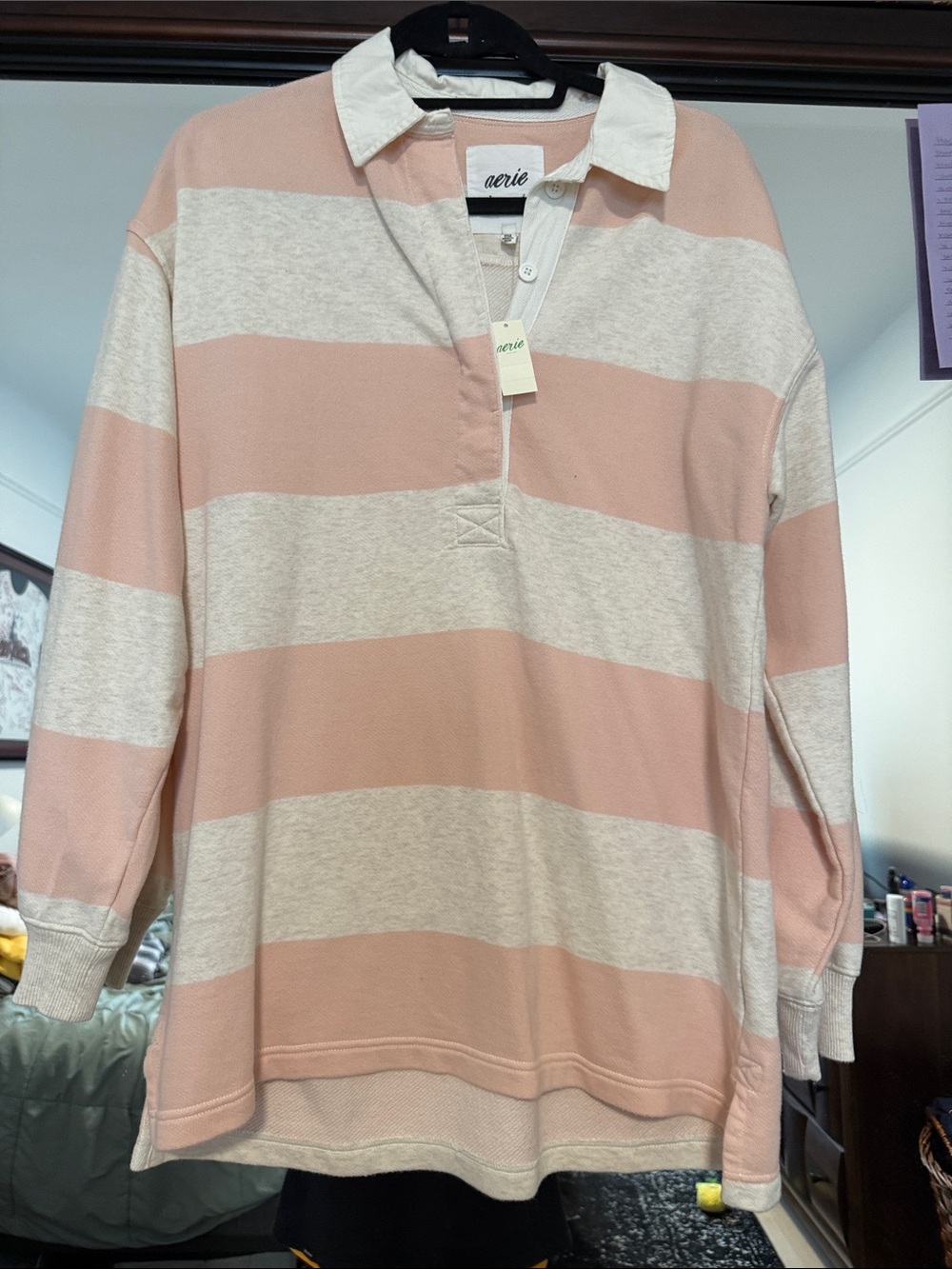aerie Pink and Cream Striped Collared Pullover - Picture 3 of 3